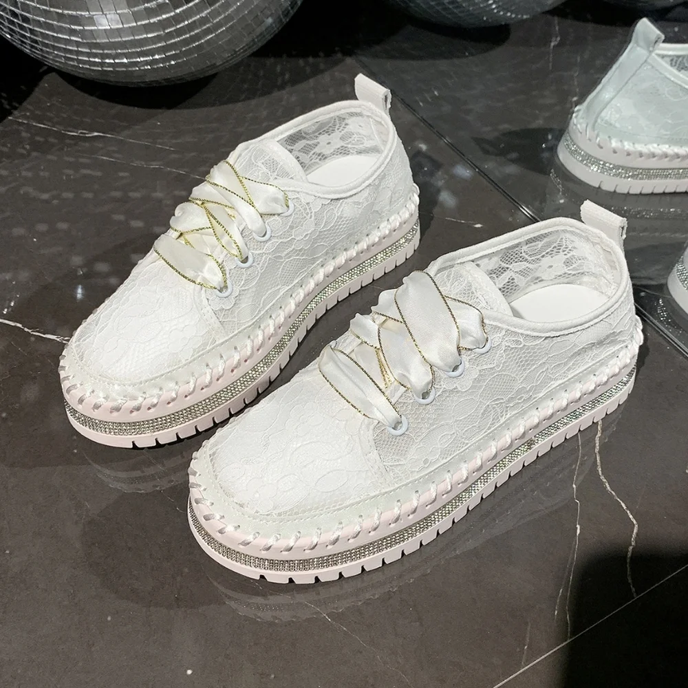 Lace Mesh Rhinestone Platform Sneakers Satin Ribbon Laces Retro Y2K Bling Shoes